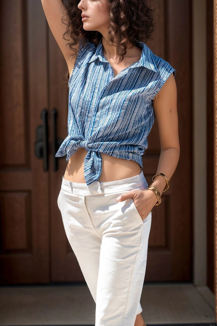 Blue Sleeveless Striped Shirt BCBSK-25700-2878C - Douai