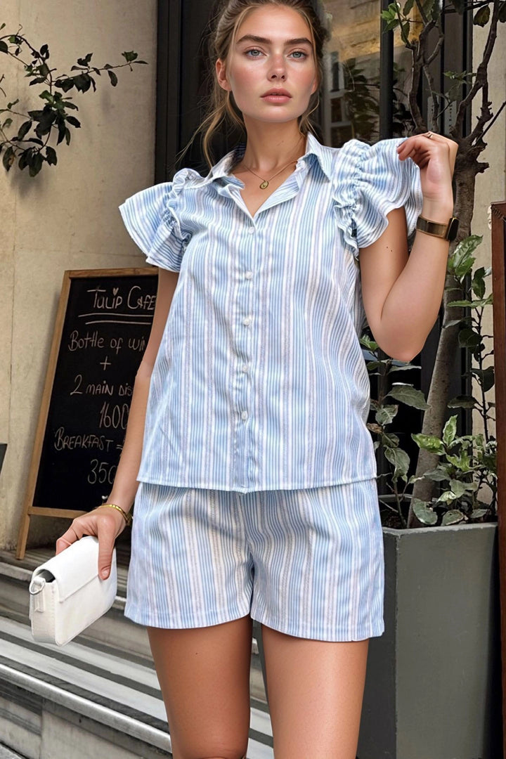 Blue Sleeveless Shirt with Ruffled Arm and Self-patterned Striped BCBSK-25700-3626 - Temixco