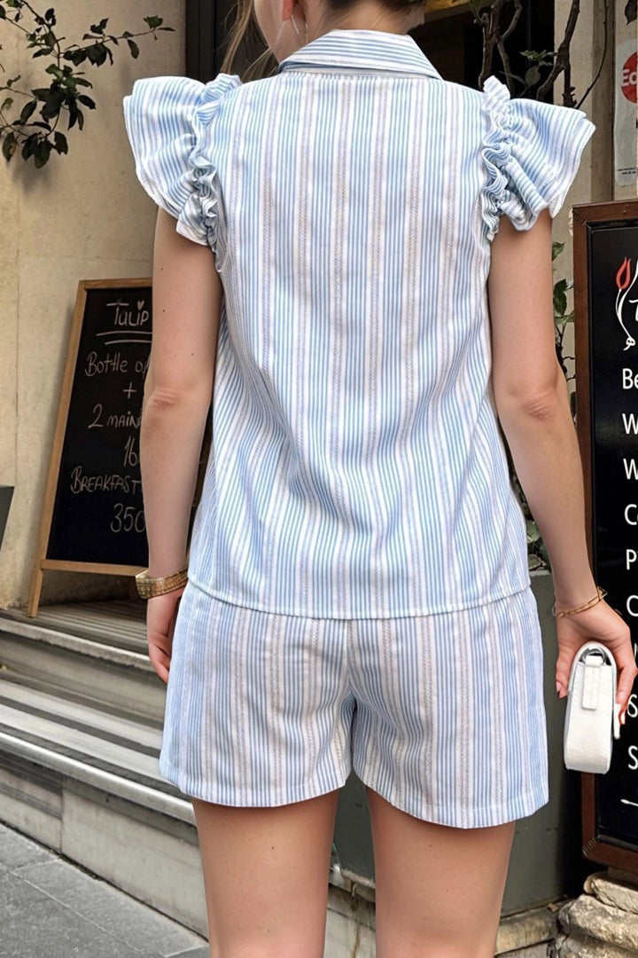 Blue Sleeveless Shirt with Ruffled Arm and Self-patterned Striped BCBSK-25700-3626 - Temixco
