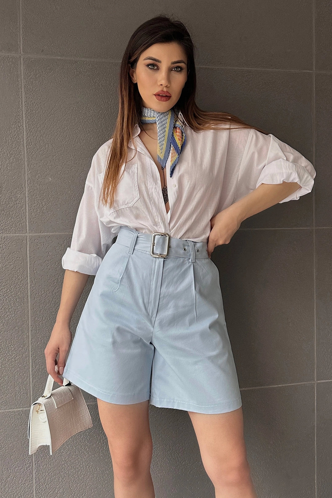 Blue Bird's Eye Belted Wide Leg Mom Fit Shorts BCDF-233500 - Channelview