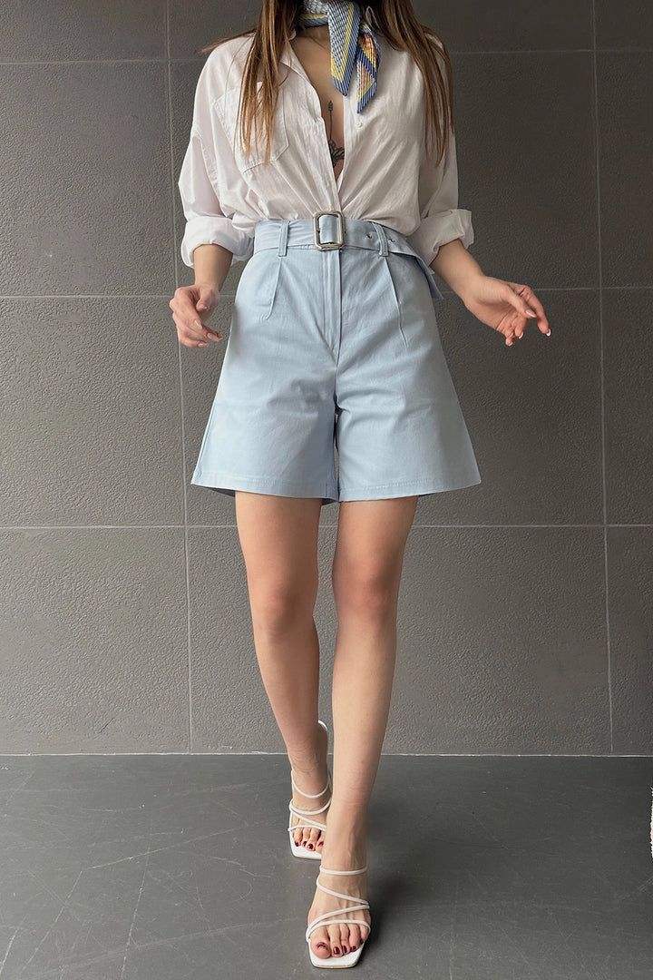 Blue Bird's Eye Belted Wide Leg Mom Fit Shorts BCDF-233500 - Channelview
