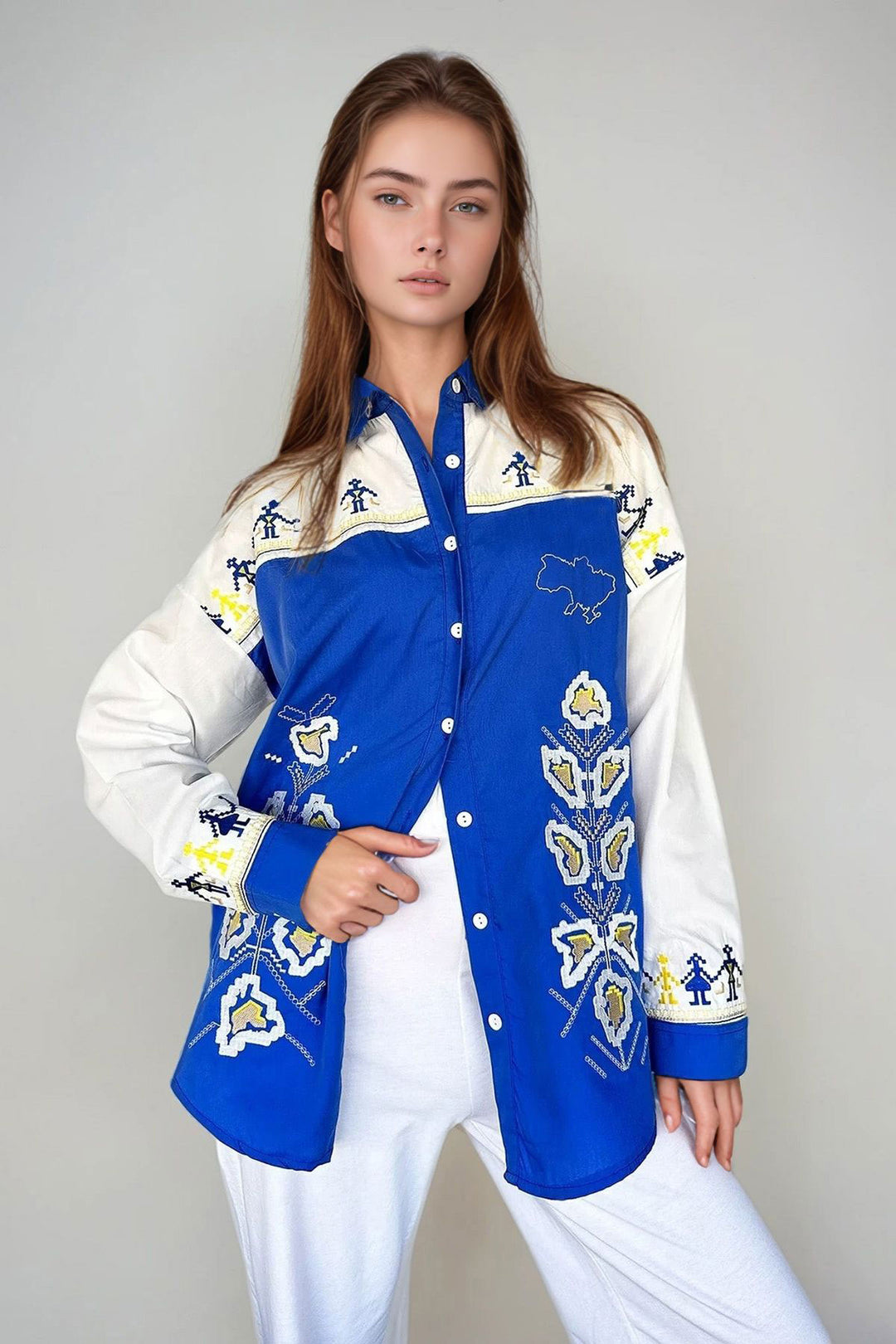 Mavi Nakışlı Poplin Oversize Gömlek BCHESQ-251025 - Iowa City