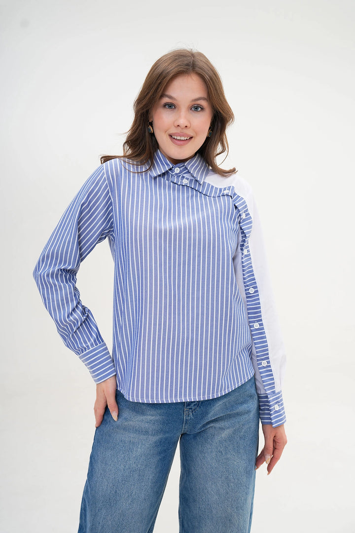 Blue Special Design Striped Poplin Woven Shirt BC24YG1069 - Weert