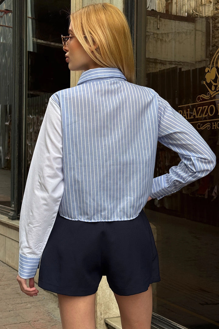 Blue Special Design Collar Sleeve Buttoned Striped Trimmed Crop Top Shirt BC241172 - Meppel