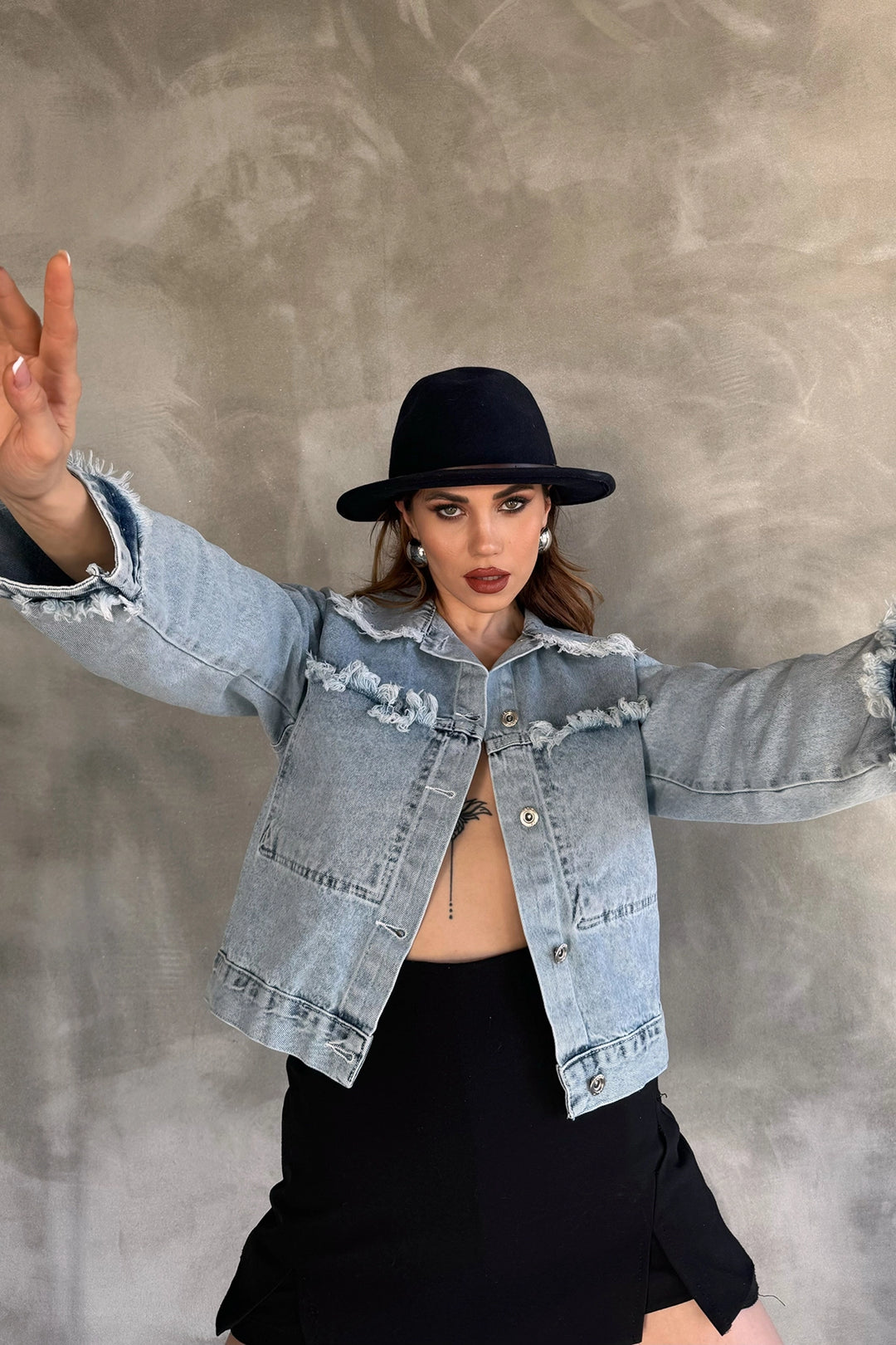 Blue Tassel Detailed Washed Relaxed Fit Denim Jacket BCDF-245412 - Gavá
