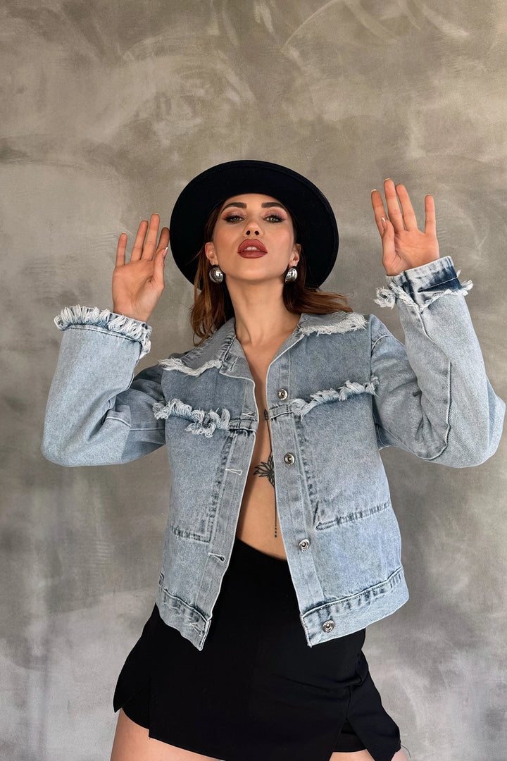 Blue Tassel Detailed Washed Relaxed Fit Denim Jacket BCDF-245412 - Gavá