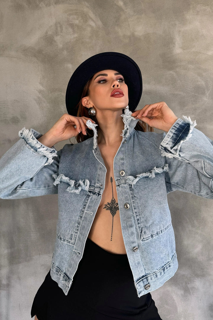 Blue Tassel Detailed Washed Relaxed Fit Denim Jacket BCDF-245412 - Gavá