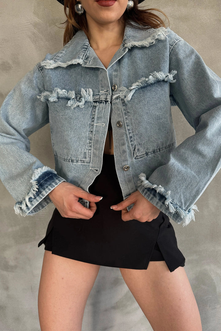 Blue Tassel Detailed Washed Relaxed Fit Denim Jacket BCDF-245412 - Gavá