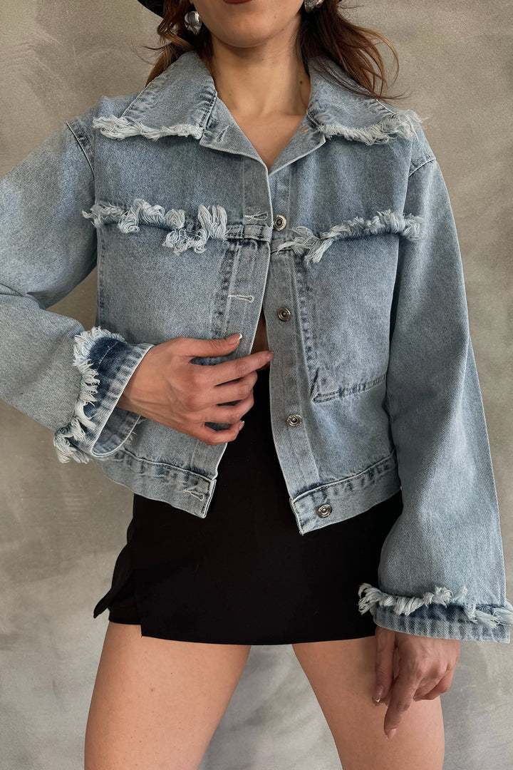 Blue Tassel Detailed Washed Relaxed Fit Denim Jacket BCDF-245412 - Gavá