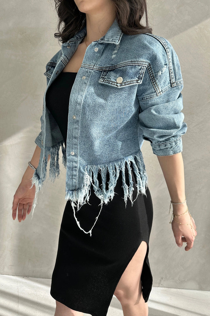 Blue Tassel and Distressed Detailed Summer Denim Jacket BCDF-255418 - Jocotepec