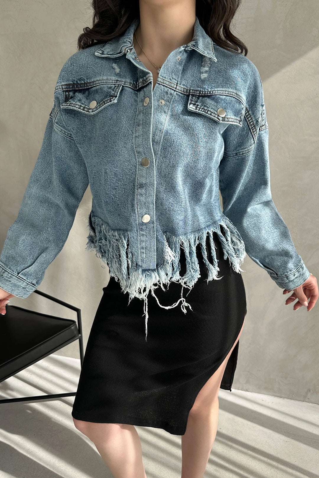 Blue Tassel and Distressed Detailed Summer Denim Jacket BCDF-255418 - Jocotepec