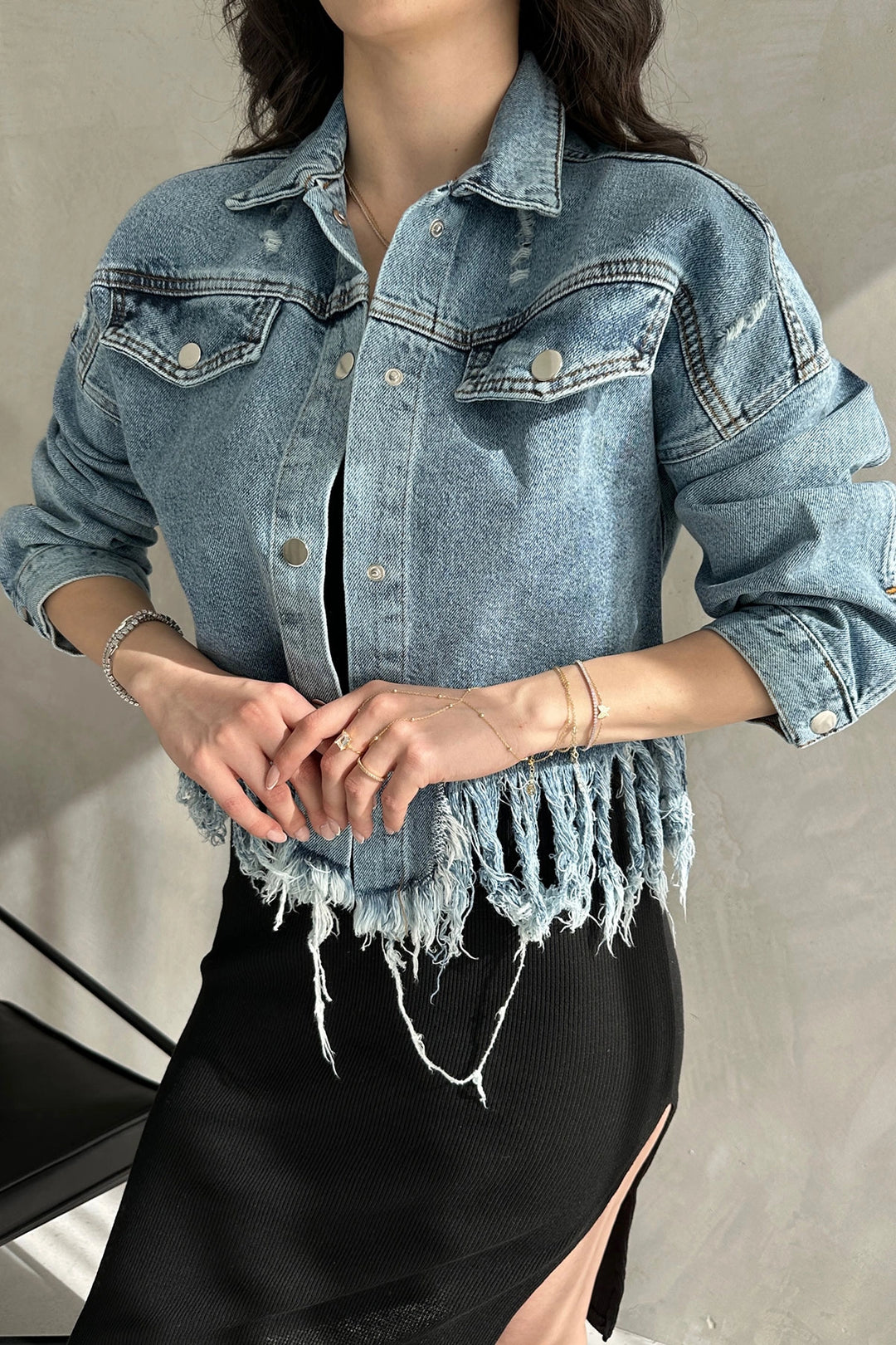 Blue Tassel and Distressed Detailed Summer Denim Jacket BCDF-255418 - Jocotepec