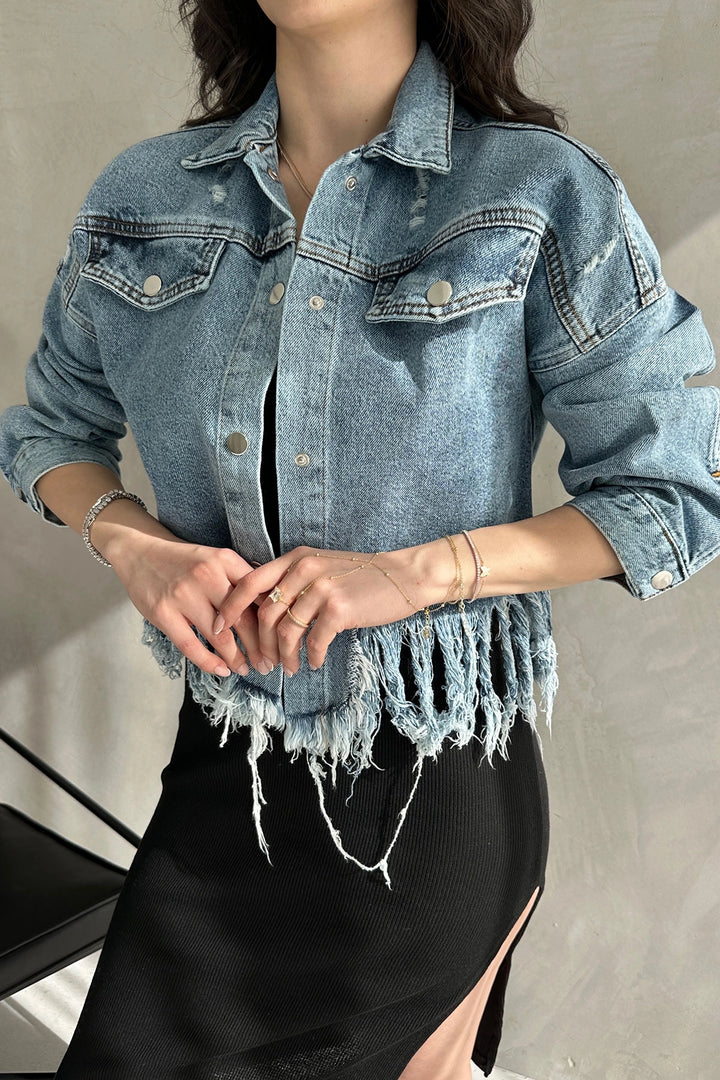 Blue Tassel and Distressed Detailed Summer Denim Jacket BCDF-255418 - Jocotepec