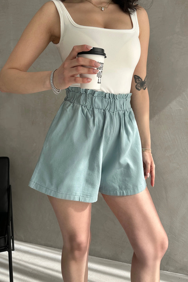 Blue Comfort Fit High Waisted Shorts with Ruched Pockets BCDF-233304 - Osnabrück