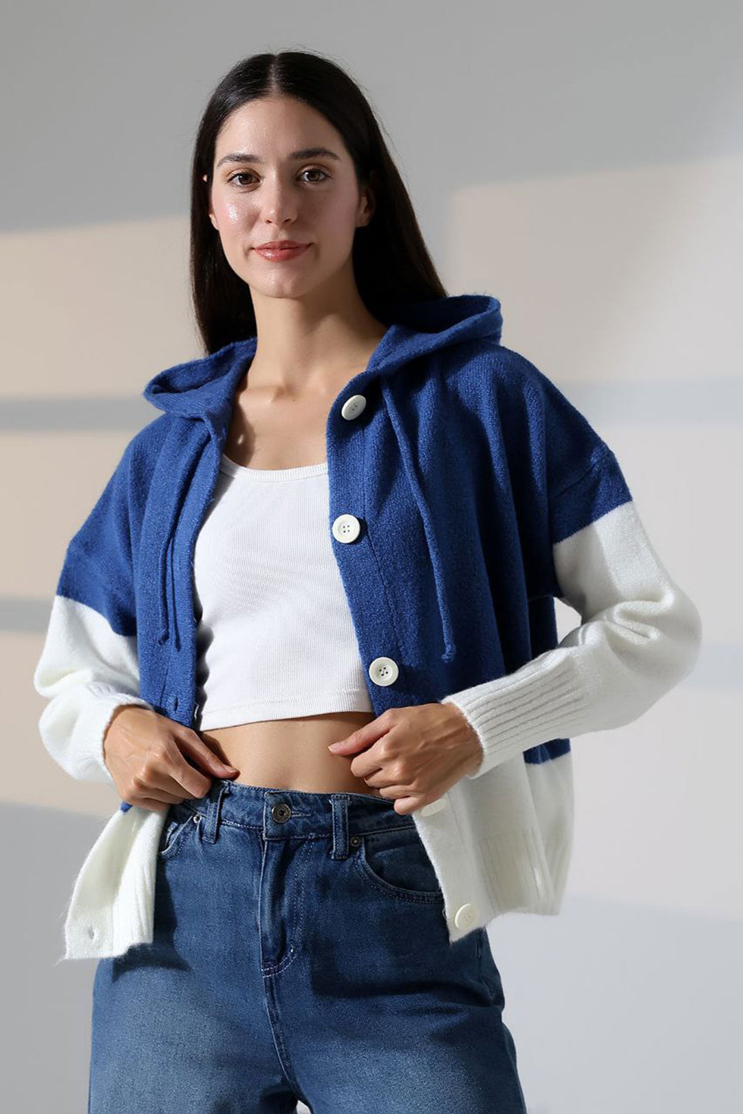 Blue Color Block Hooded Buttoned Knit Cardigan BCES-252017 - Cisterna di Latina