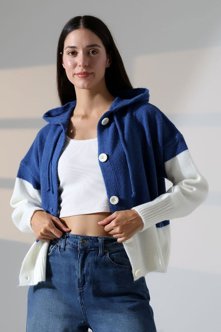 Blue Color Block Hooded Buttoned Knit Cardigan BCES-252017 - Cisterna di Latina