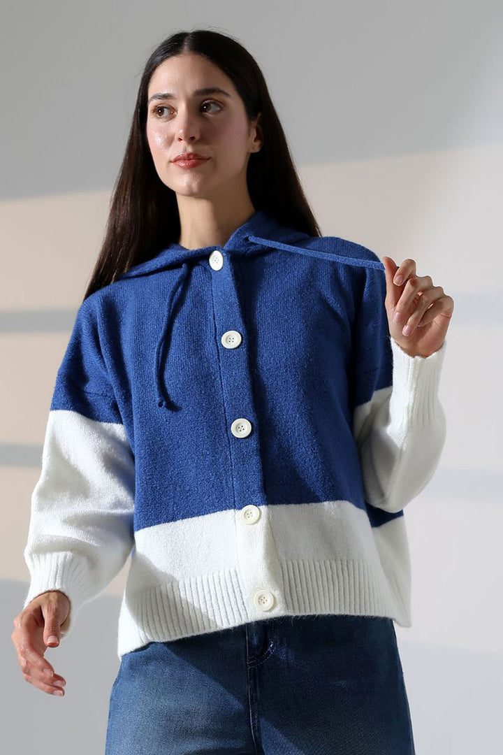 Blue Color Block Hooded Buttoned Knit Cardigan BCES-252017 - Cisterna di Latina