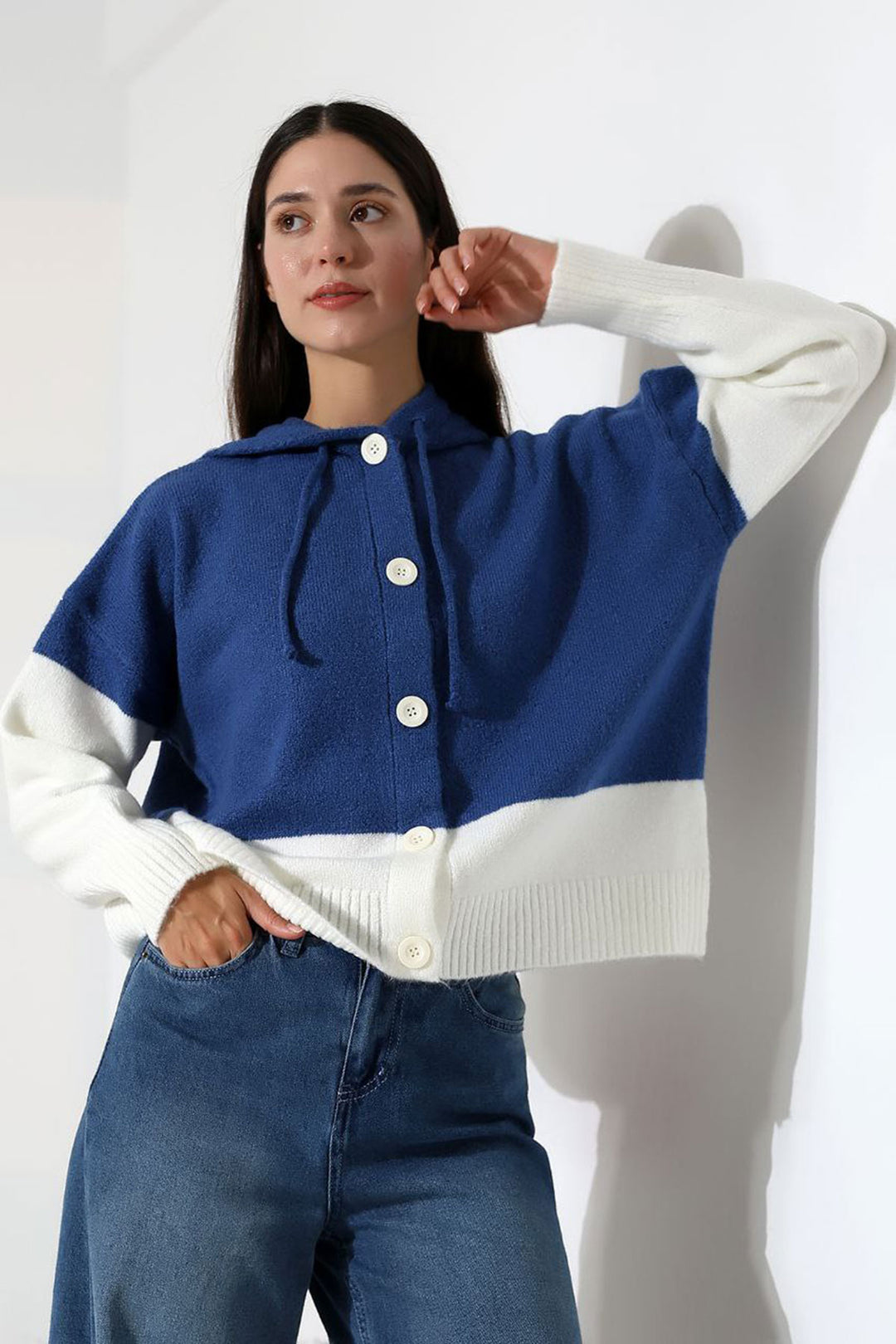 Blue Color Block Hooded Buttoned Knit Cardigan BCES-252017 - Cisterna di Latina