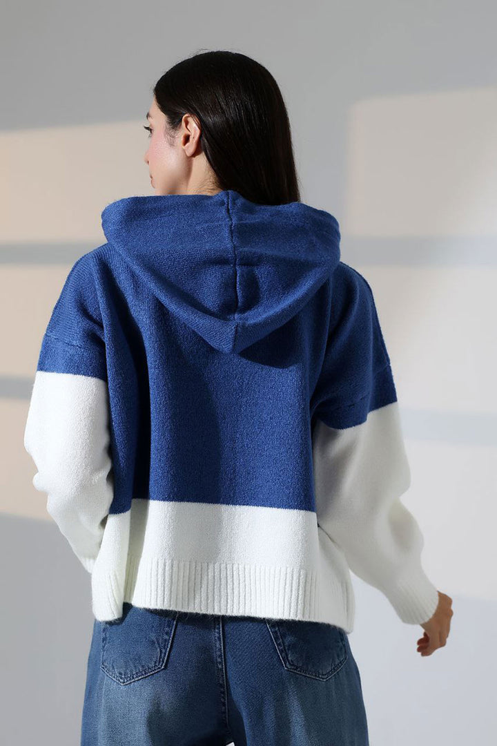 Blue Color Block Hooded Buttoned Knit Cardigan BCES-252017 - Cisterna di Latina