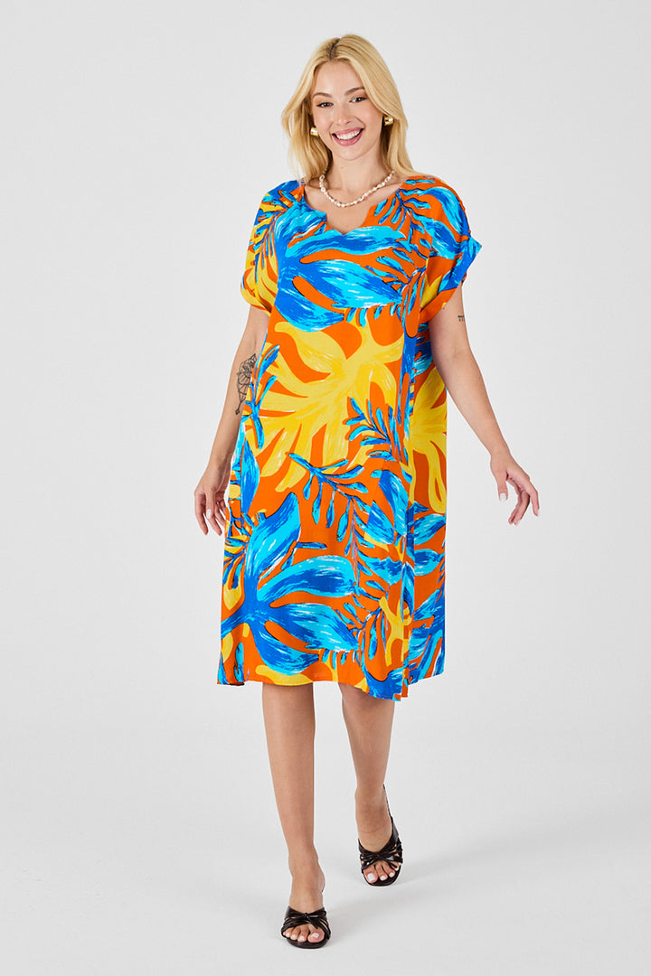 Blue-Yellow Tropical Pattern V-Neck Loose Fit Dress BCVL-254020 - Walkden