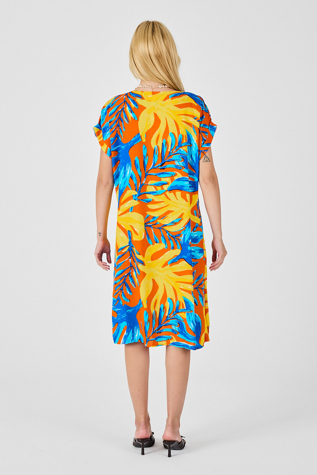Blue-Yellow Tropical Pattern V-Neck Loose Fit Dress BCVL-254020 - Walkden