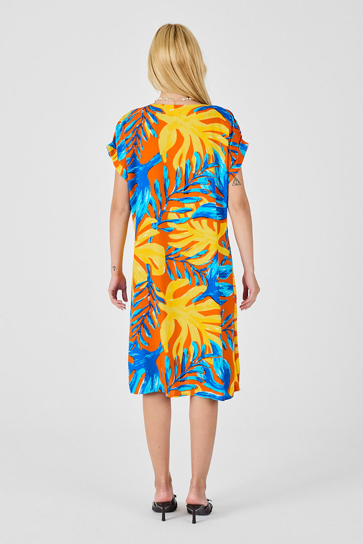 Blue-Yellow Tropical Pattern V-Neck Loose Fit Dress BCVL-254020 - Walkden