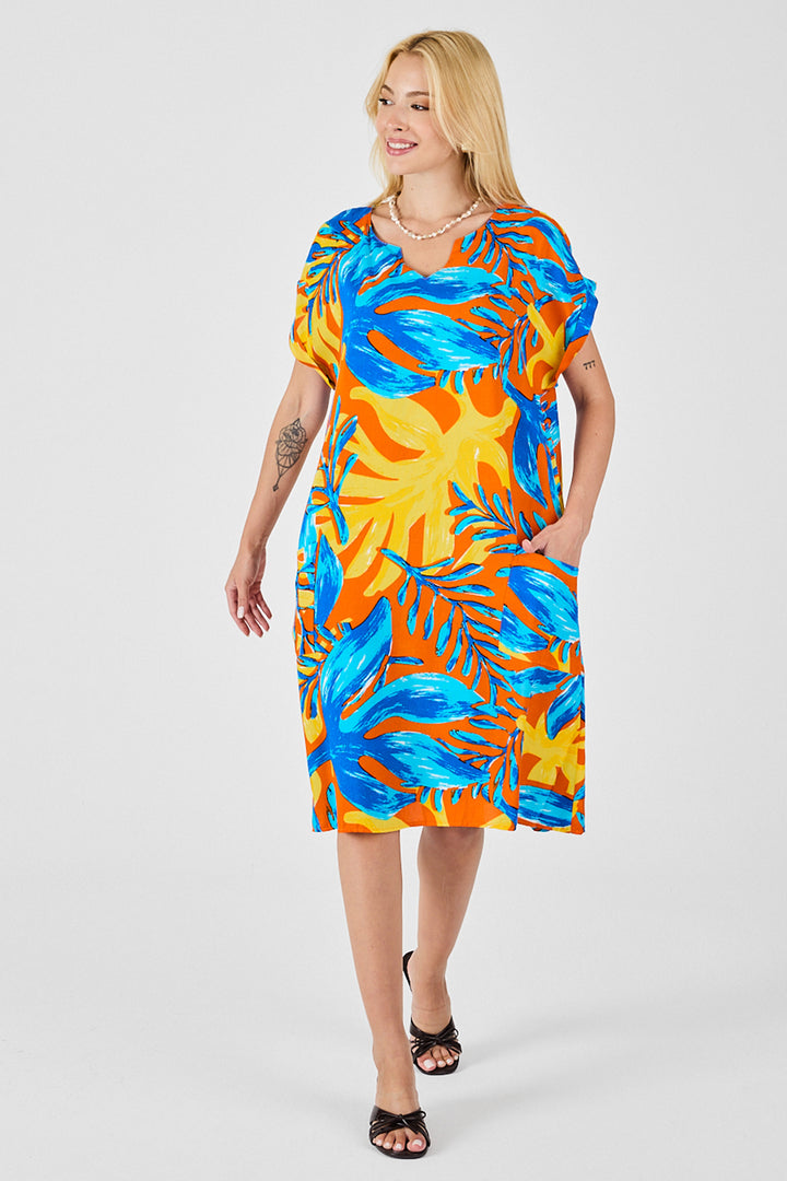 Blue-Yellow Tropical Pattern V-Neck Loose Fit Dress BCVL-254020 - Walkden