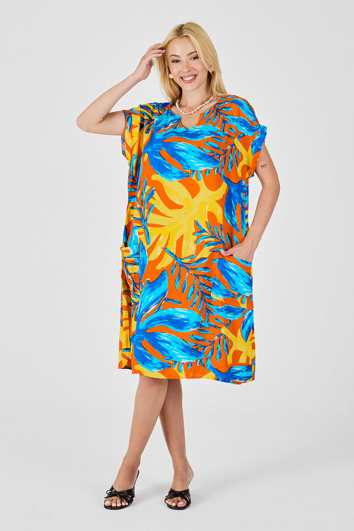 Blue-Yellow Tropical Pattern V-Neck Loose Fit Dress BCVL-254020 - Walkden