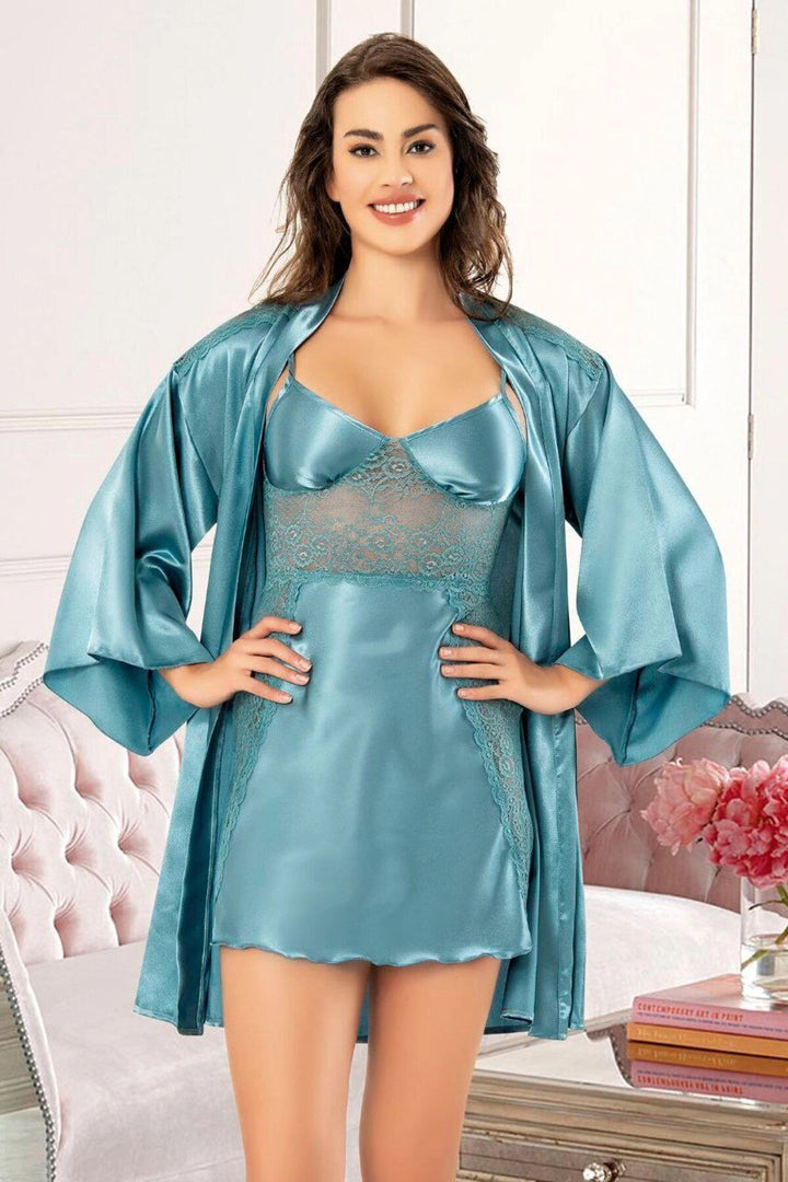Blue Satin Nightgown with Lace Detail and Robe Set BCAN-252070FA - Wichita