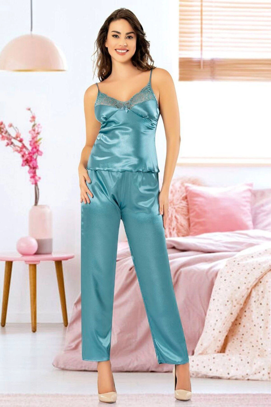 Blue Satin Lace Detailed Nightgown Set of 3 Pajamas BCAN-254909FA - Drobeta-Turnu Severin