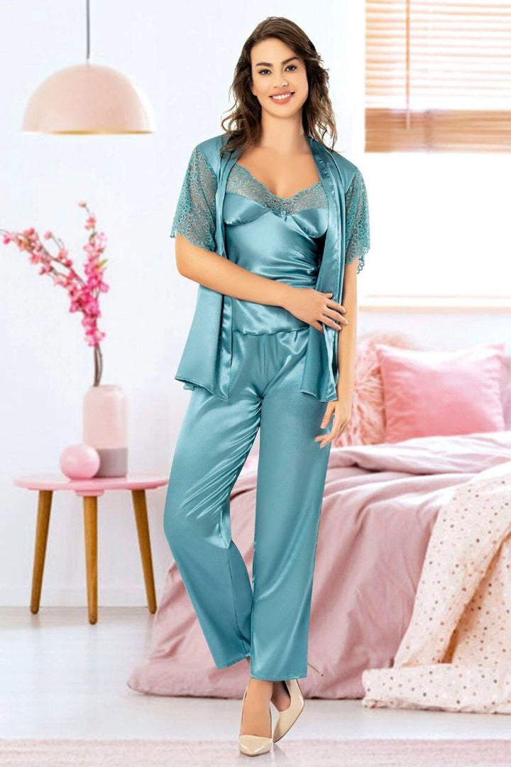 Blue Satin Lace Detailed Nightgown Set of 3 Pajamas BCAN-254909FA - Drobeta-Turnu Severin