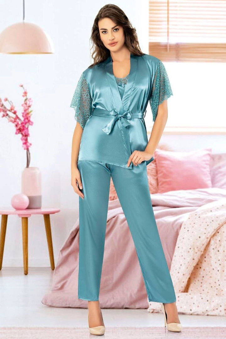Blue Satin Lace Detailed Nightgown Set of 3 Pajamas BCAN-254909FA - Drobeta-Turnu Severin