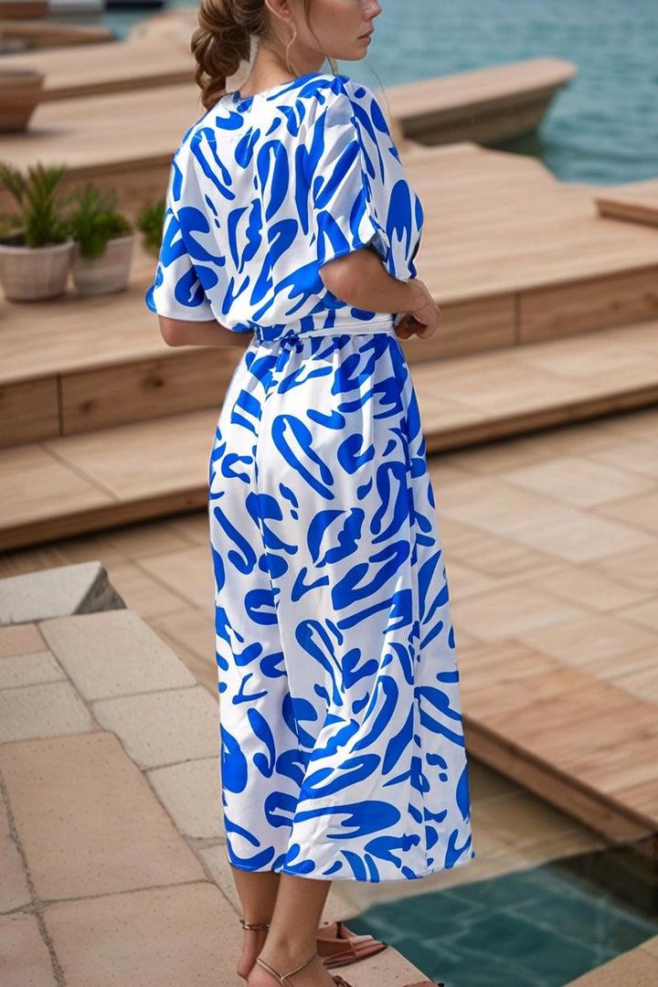 Blue Satin V-Neck Loose Dress with Gathered Waist and Belt BCBSK-25700-3246 - Créteil