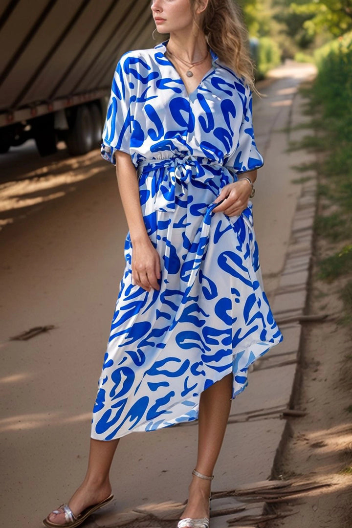 Blue Satin V-Neck Loose Dress with Gathered Waist and Belt BCBSK-25700-3246 - Créteil