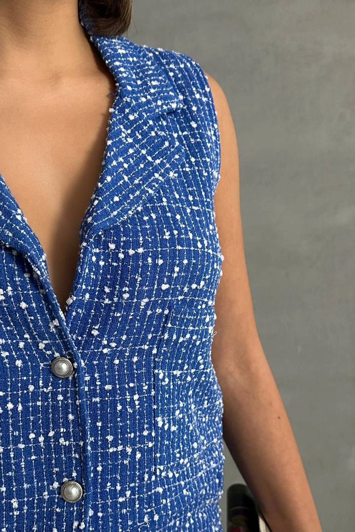Blue Tweed Fabric Vest and Pocket Shorts Set BCHN-2525463 - Miami Beach