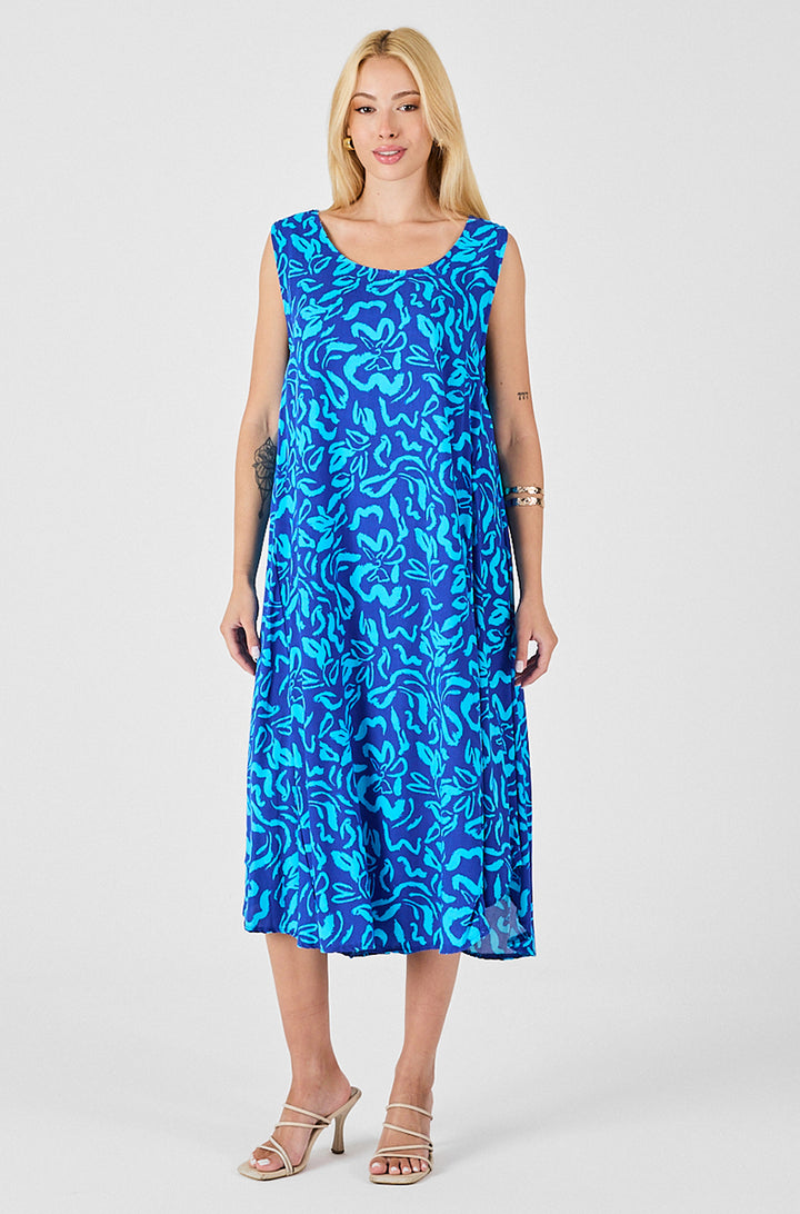 Blue U Neck Sleeveless Skirt Asymmetric Cut Patterned Midi Dress BCVL-254016 - Kidderminster