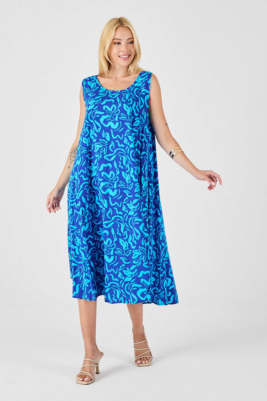 Blue U Neck Sleeveless Skirt Asymmetric Cut Patterned Midi Dress BCVL-254016 - Kidderminster