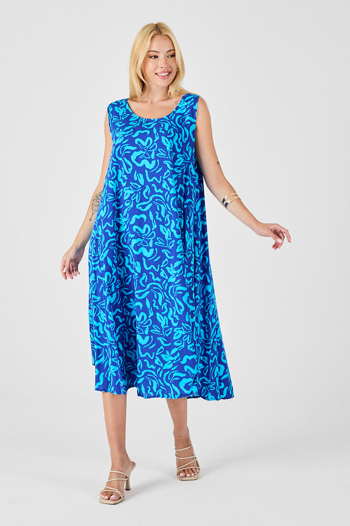 Blue U Neck Sleeveless Skirt Asymmetric Cut Patterned Midi Dress BCVL-254016 - Kidderminster