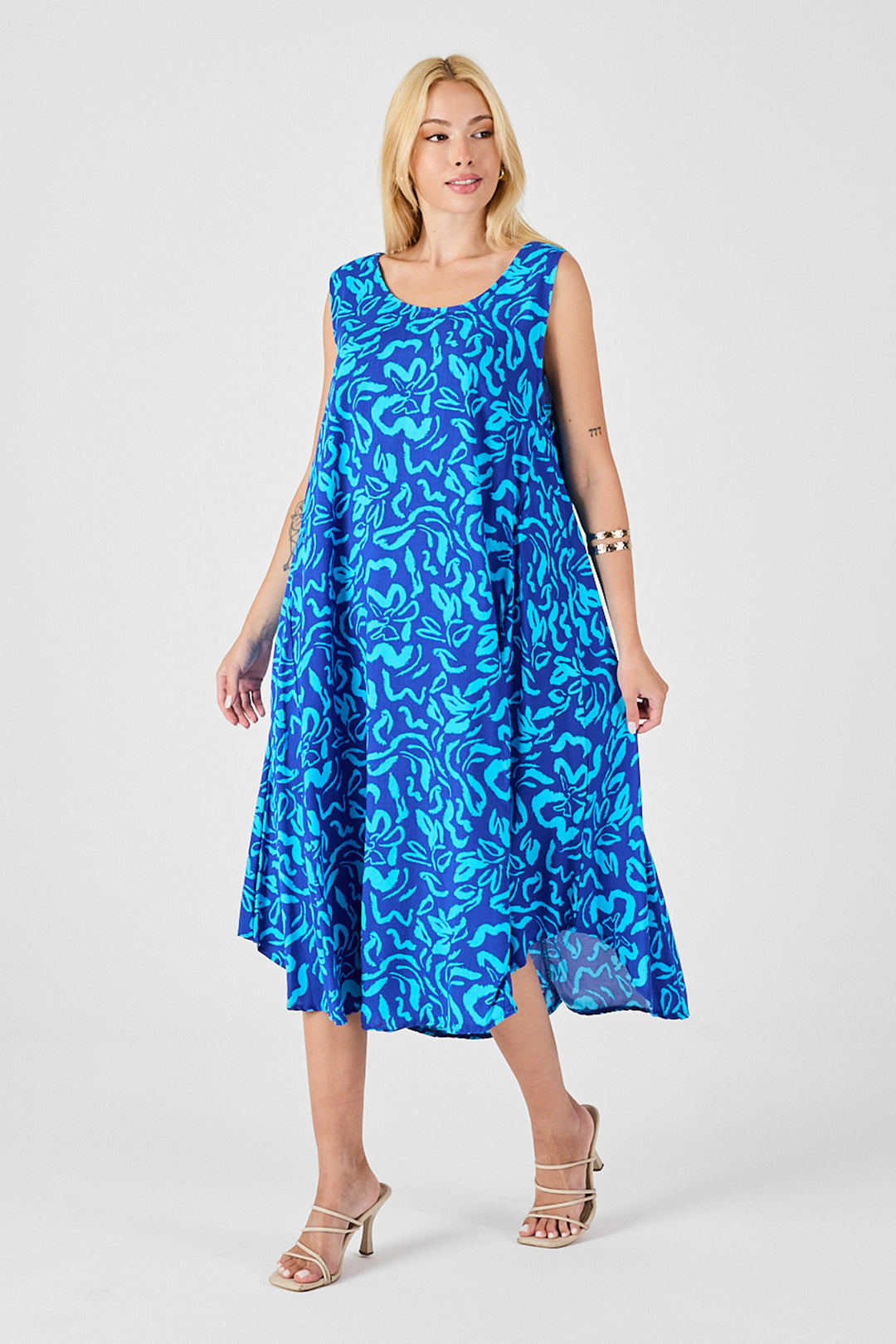Blue U Neck Sleeveless Skirt Asymmetric Cut Patterned Midi Dress BCVL-254016 - Kidderminster