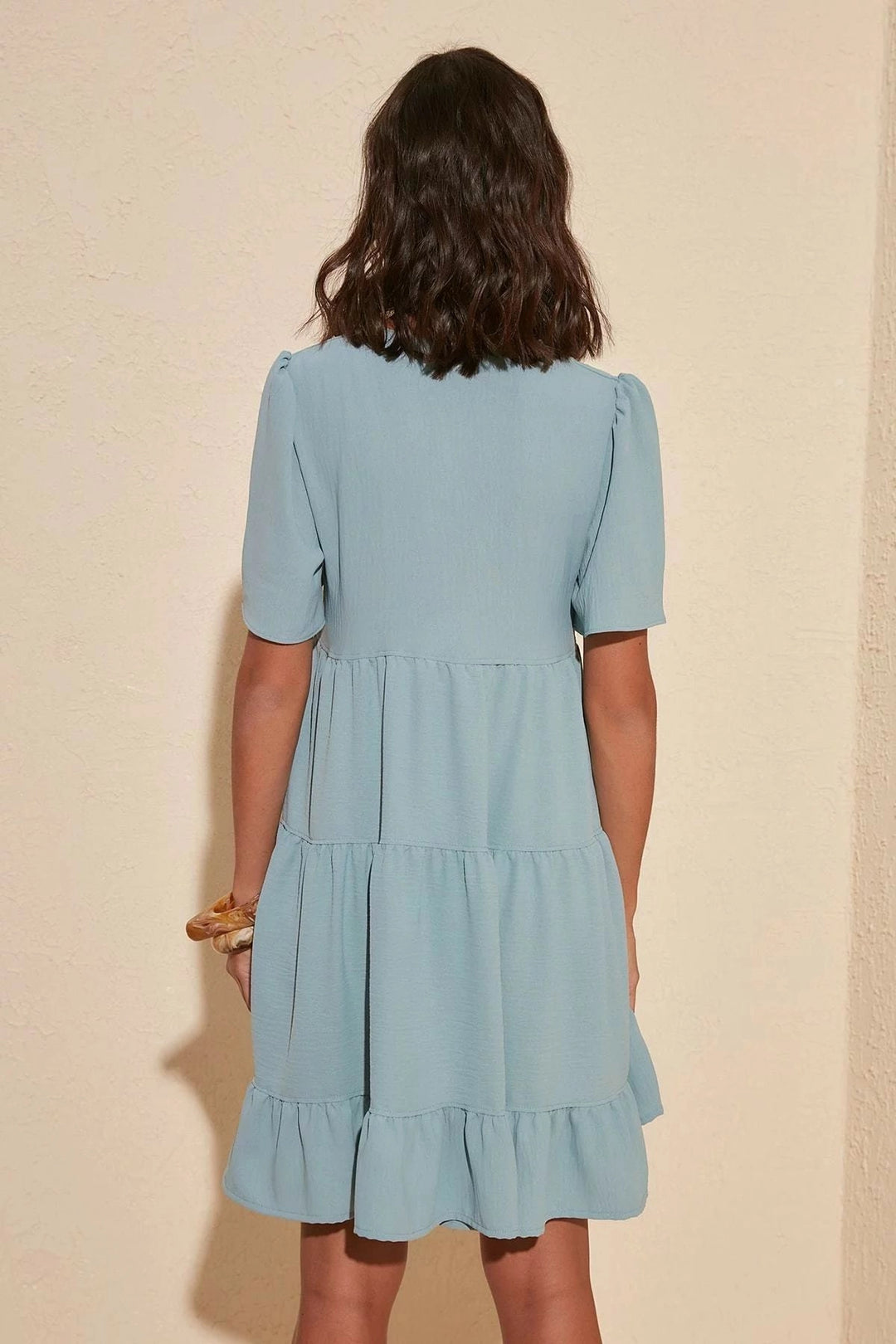 Blue V-Neck Tiered Ruffle Short Sleeve Dress BCBSK-25700-K5137 - San Benedetto del Tronto