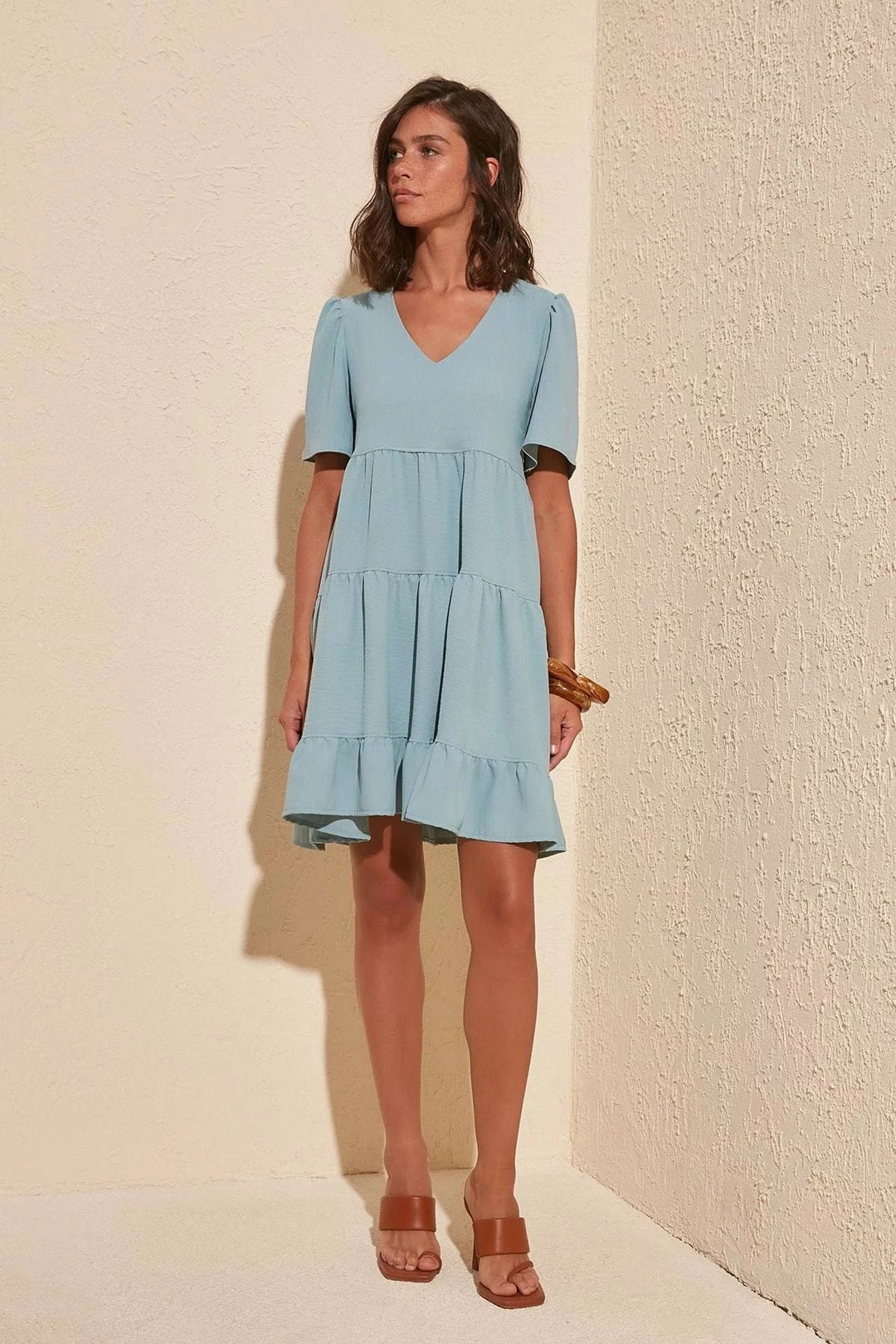Blue V-Neck Tiered Ruffle Short Sleeve Dress BCBSK-25700-K5137 - San Benedetto del Tronto