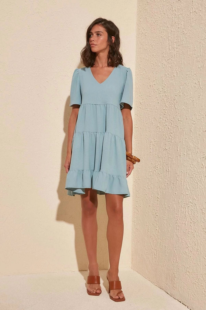 Blue V-Neck Tiered Ruffle Short Sleeve Dress BCBSK-25700-K5137 - San Benedetto del Tronto