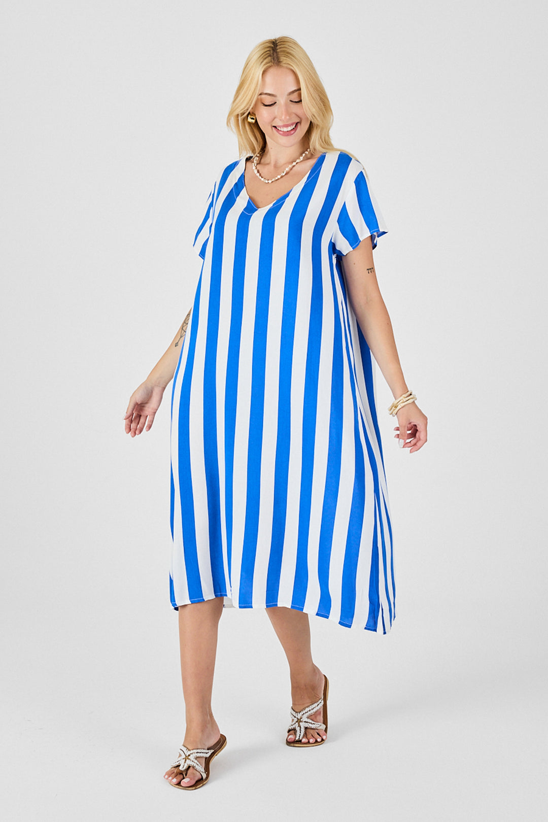 Blue V-Neck Short Sleeve Loose Fit Dress BCVL-254003 - Penticton