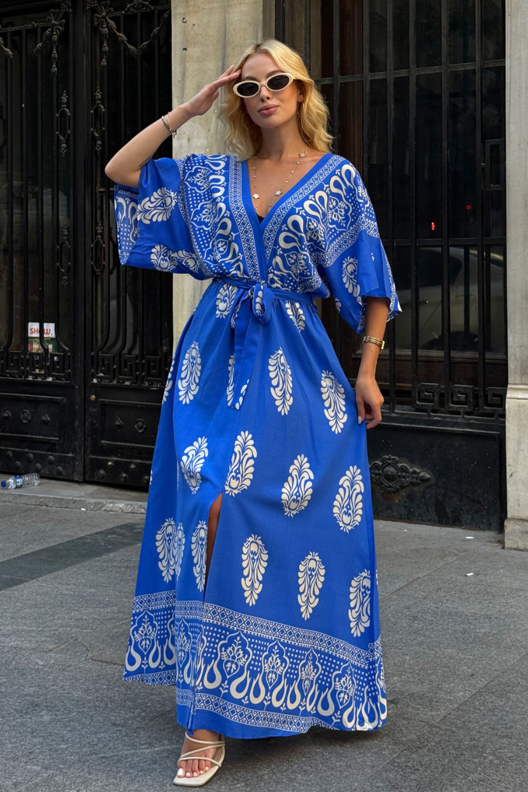 Blue V-Neck Maxi Dress with Slit Patterned Viscose Fabric BCVL-25V208 - Niederkassel