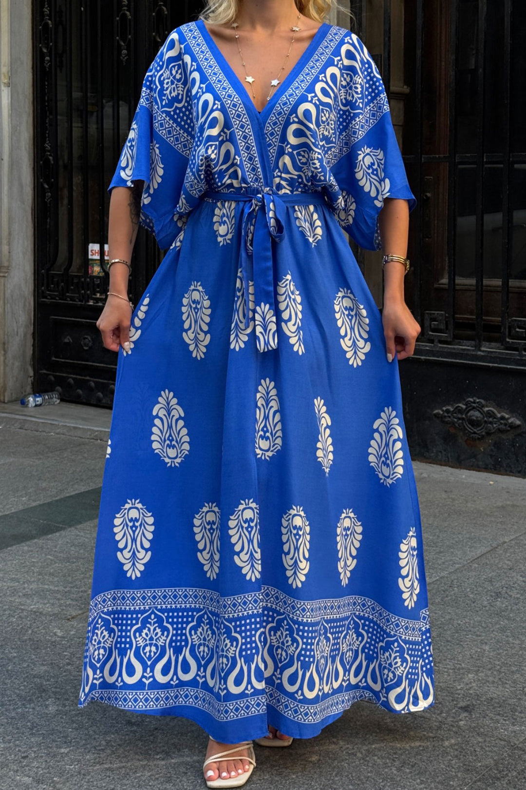 Blue V-Neck Maxi Dress with Slit Patterned Viscose Fabric BCVL-25V208 - Niederkassel