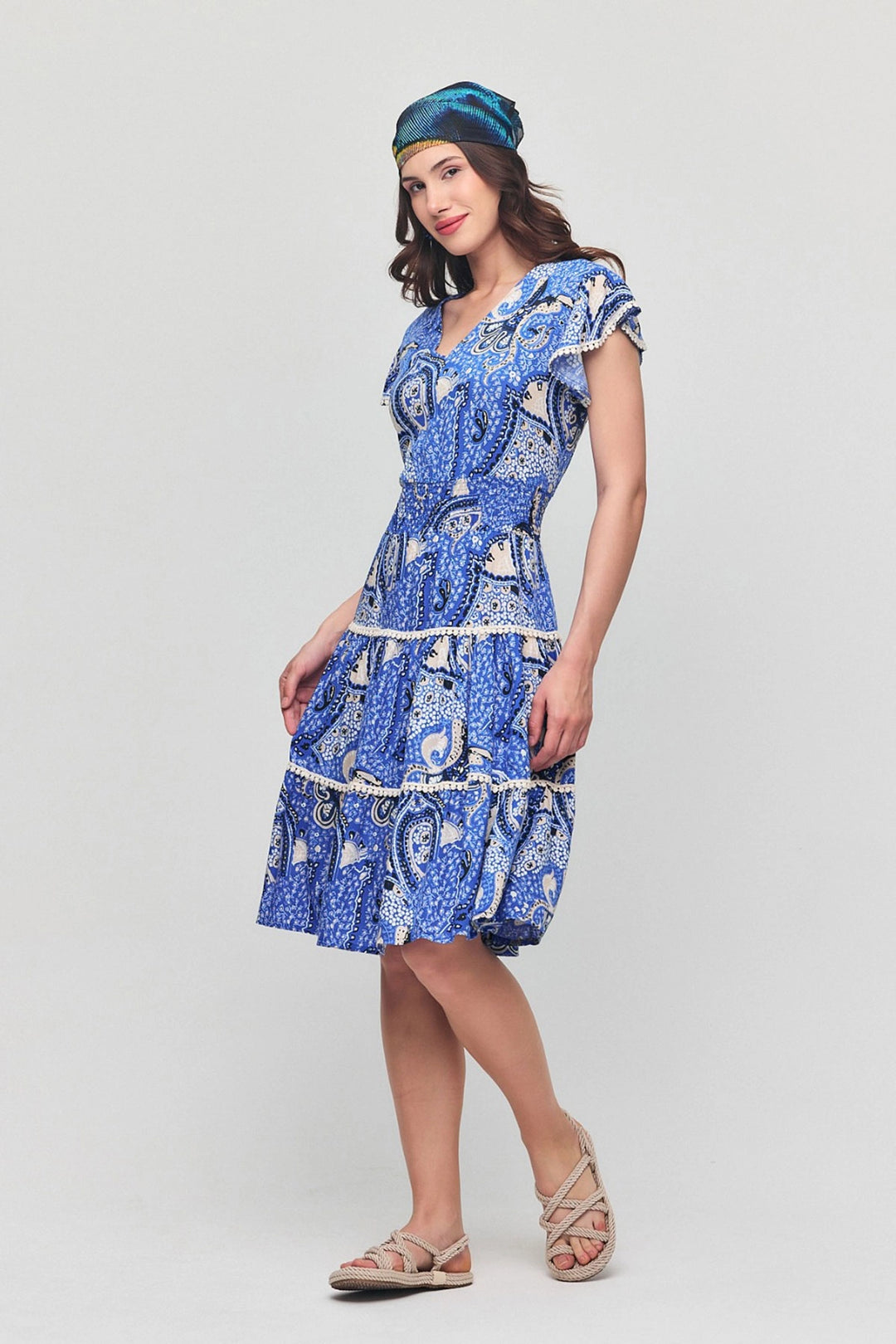 Blue V-Neck Ruffled Floral Patterned Summer Viscose Dress BCVL-25V054 - Wichita