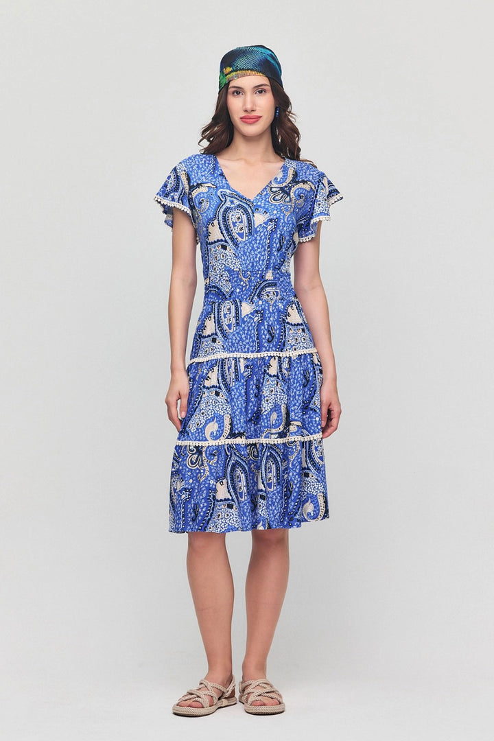 Blue V-Neck Ruffled Floral Patterned Summer Viscose Dress BCVL-25V054 - Wichita