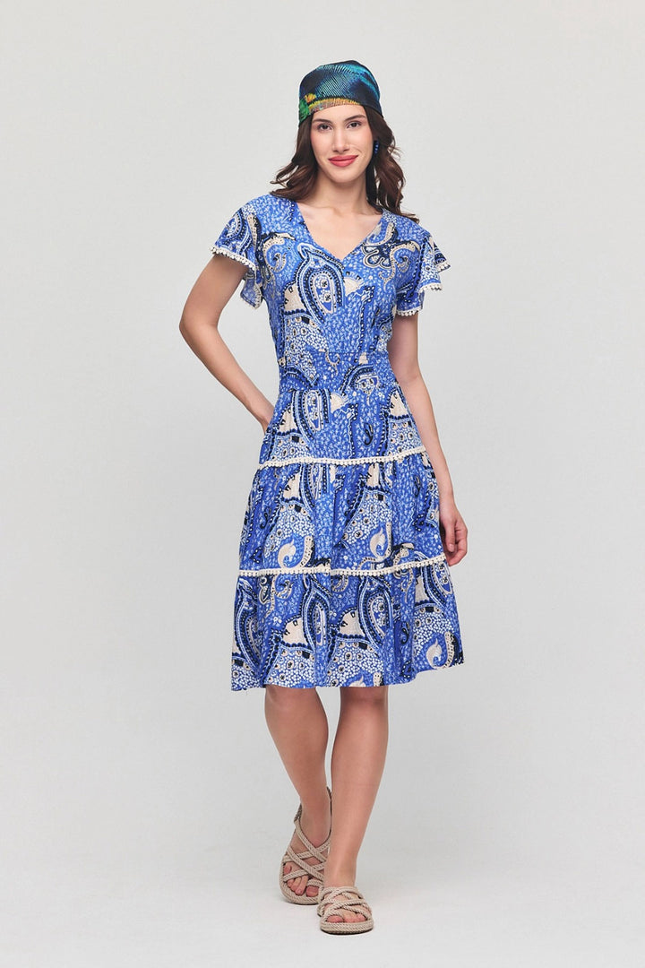 Blue V-Neck Ruffled Floral Patterned Summer Viscose Dress BCVL-25V054 - Wichita