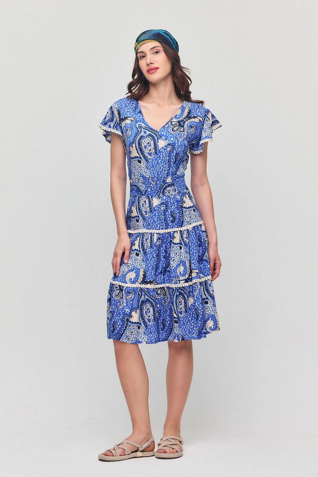 Blue V-Neck Ruffled Floral Patterned Summer Viscose Dress BCVL-25V054 - Wichita