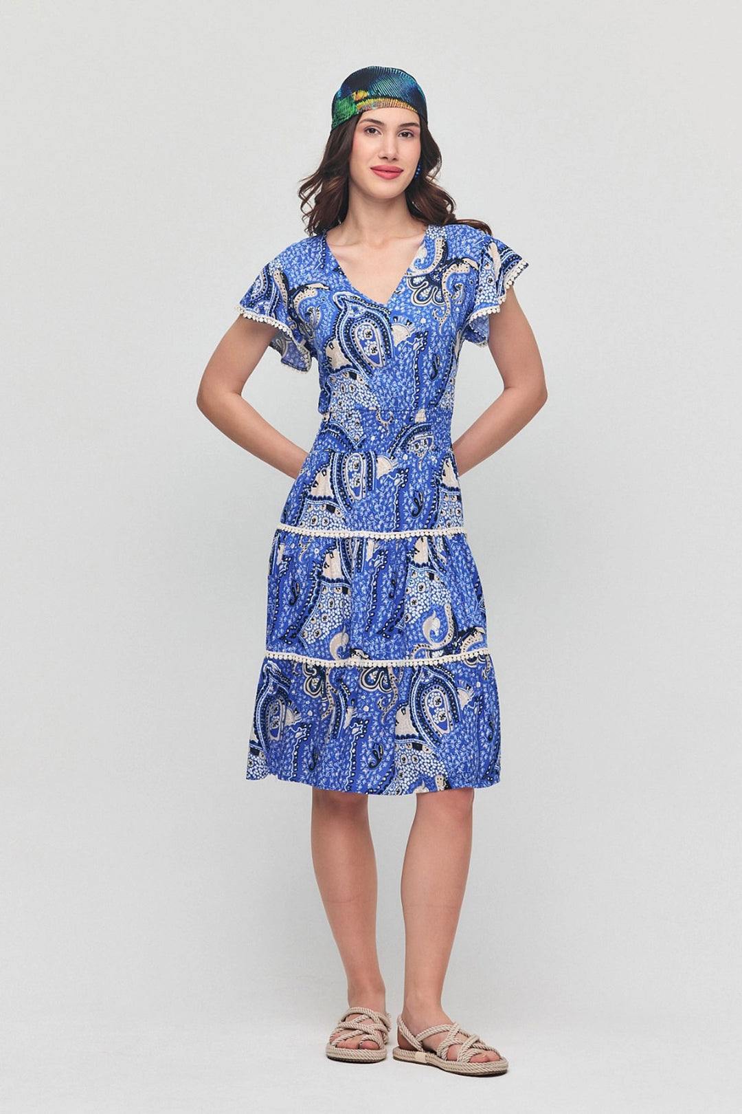 Blue V-Neck Ruffled Floral Patterned Summer Viscose Dress BCVL-25V054 - Wichita